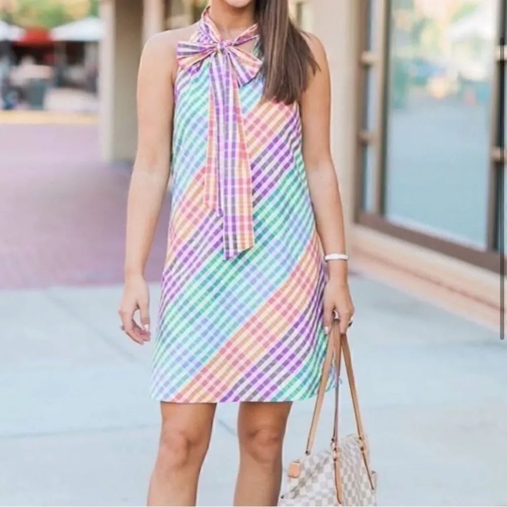 J. Crew Tie Neck Rainbow Gingham Plaid Dress